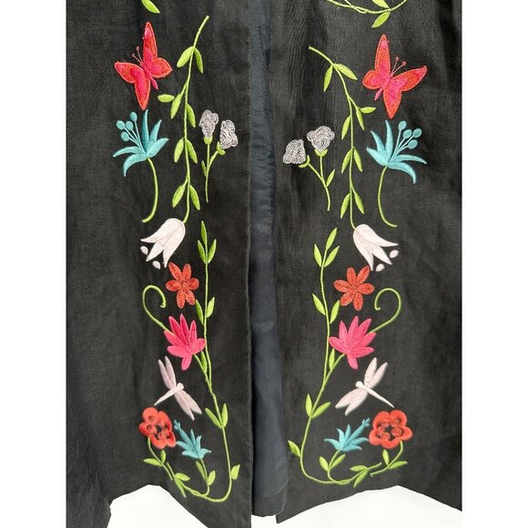 Pursuits linen Blazer Women 16 Black Floral Embroidered Long Sleeve Open Front - Picture 5 of 11